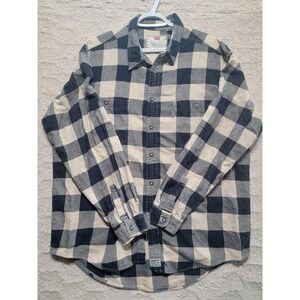 Levis Mens Large Buffalo Plaid Flannel Shirt Navy Blue Cream Cotton Button Down